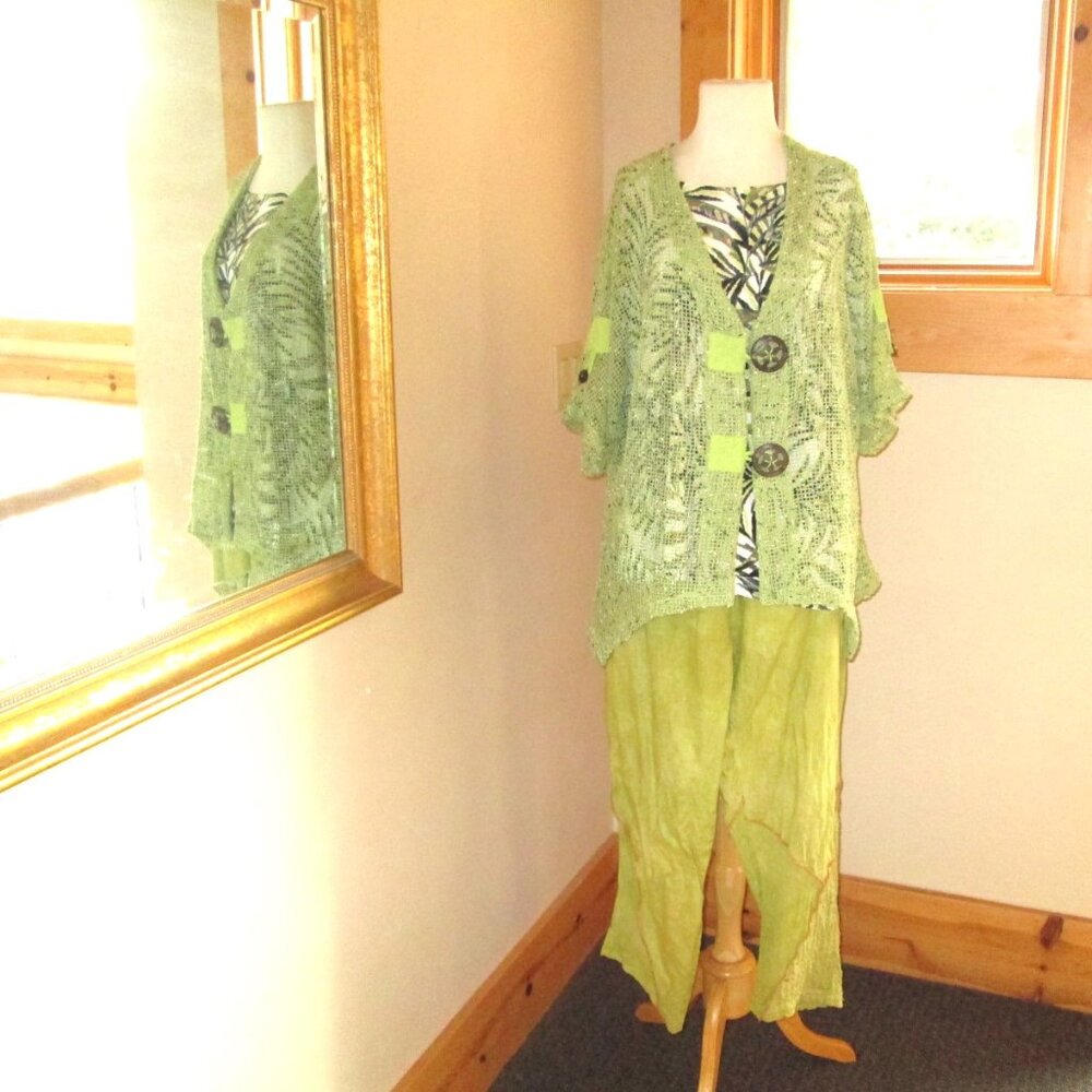 Steel Pony Linen Pants w/JM Collection Short Sleeved Top & Kaktus Sweater